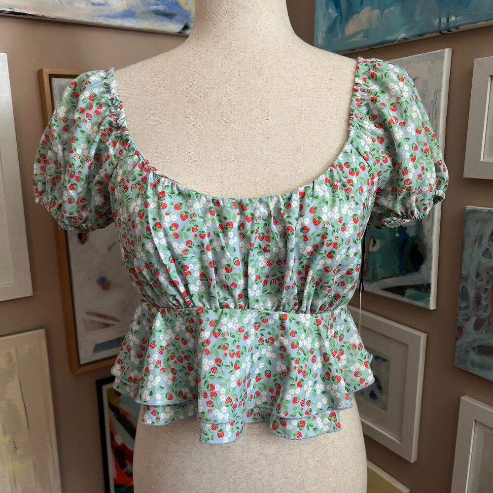 Cottagecore Strawberry Originality Floral Puff Sleeve Peplum Top Picnic Size‎ S